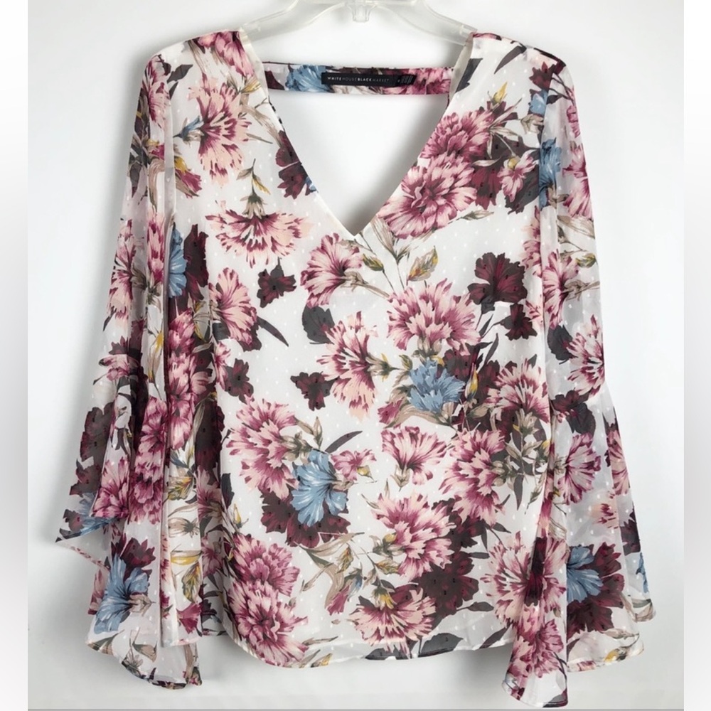 White House Black Market Floral Clip Dot V-Neck Bell Sleeve Blouse Pink 2P